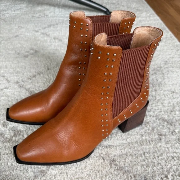 Sol Sana Cognac Leather Pointed Chelsea Booties with Studs - Picture 3 of 9